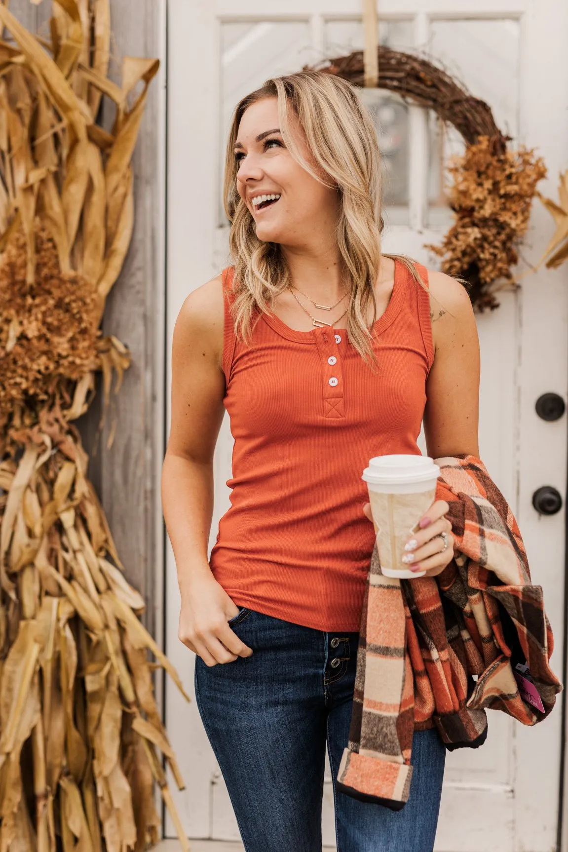 Uplifting Spirits Button Henley Tank Top- Burnt Orange