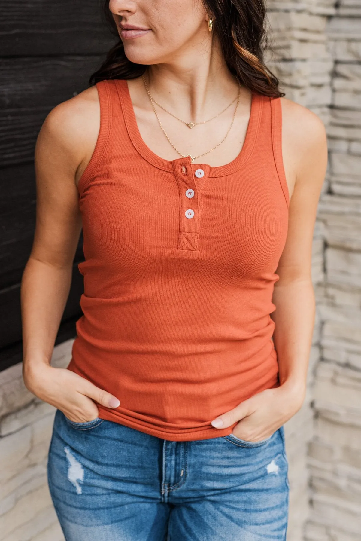 Uplifting Spirits Button Henley Tank Top- Burnt Orange