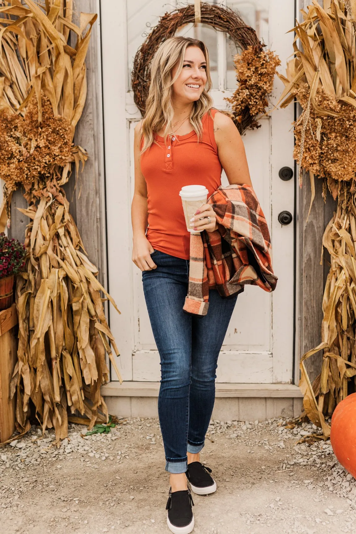 Uplifting Spirits Button Henley Tank Top- Burnt Orange