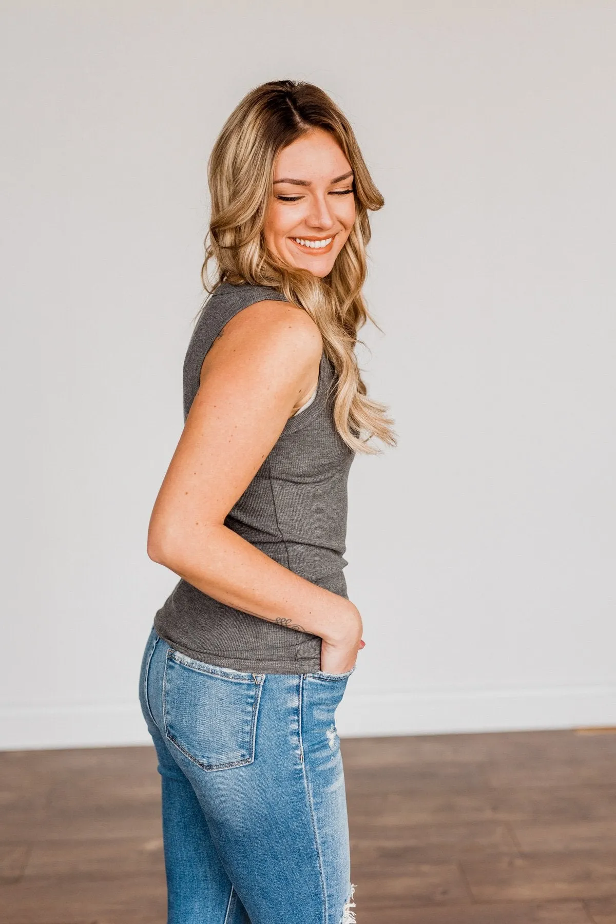 Uplifting Spirits Button Henley Tank Top- Charcoal