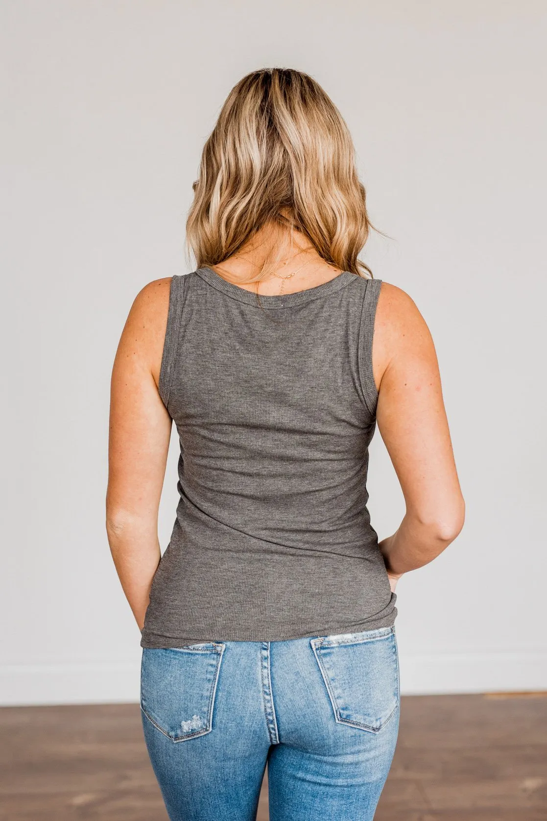 Uplifting Spirits Button Henley Tank Top- Charcoal