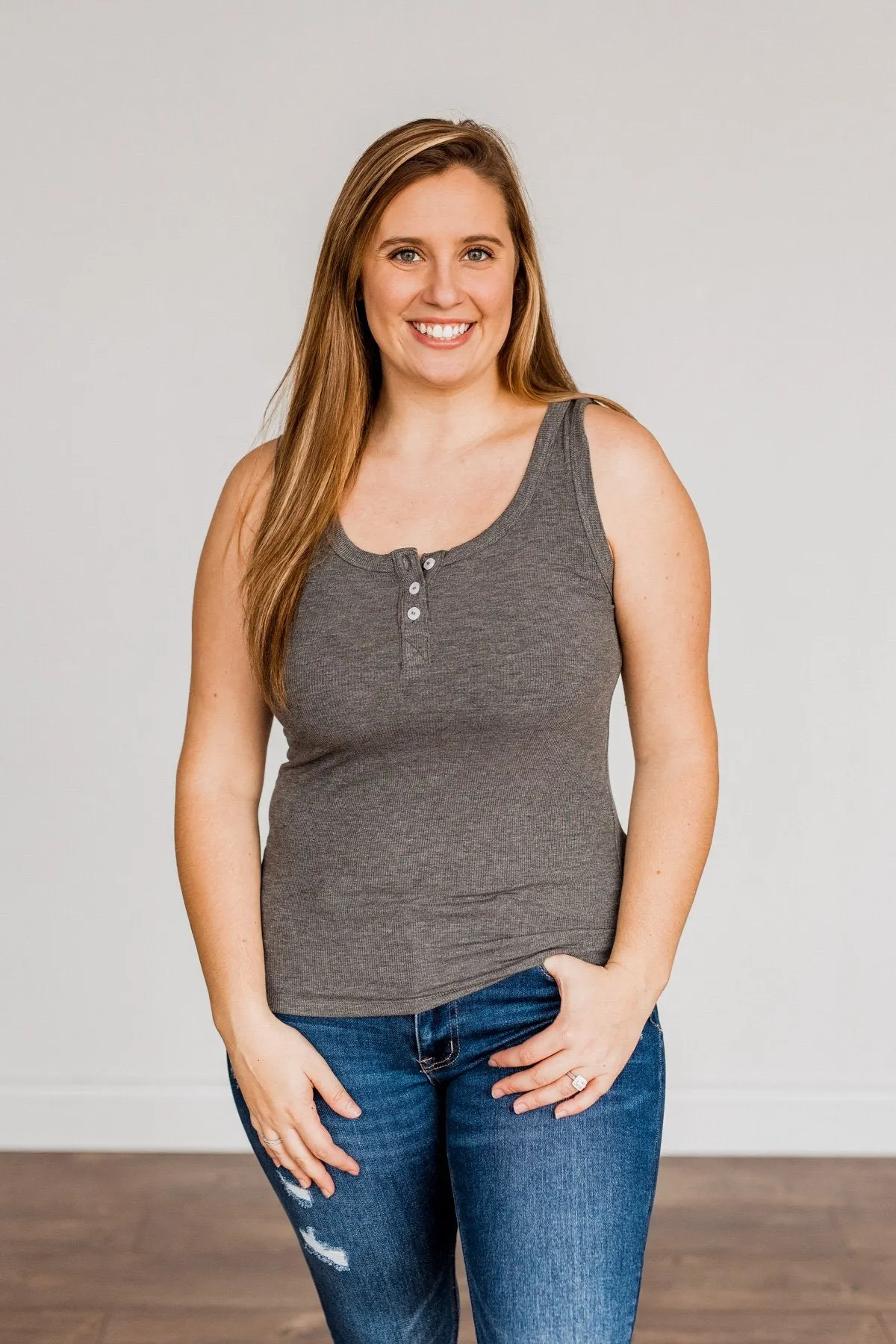 Uplifting Spirits Button Henley Tank Top- Charcoal