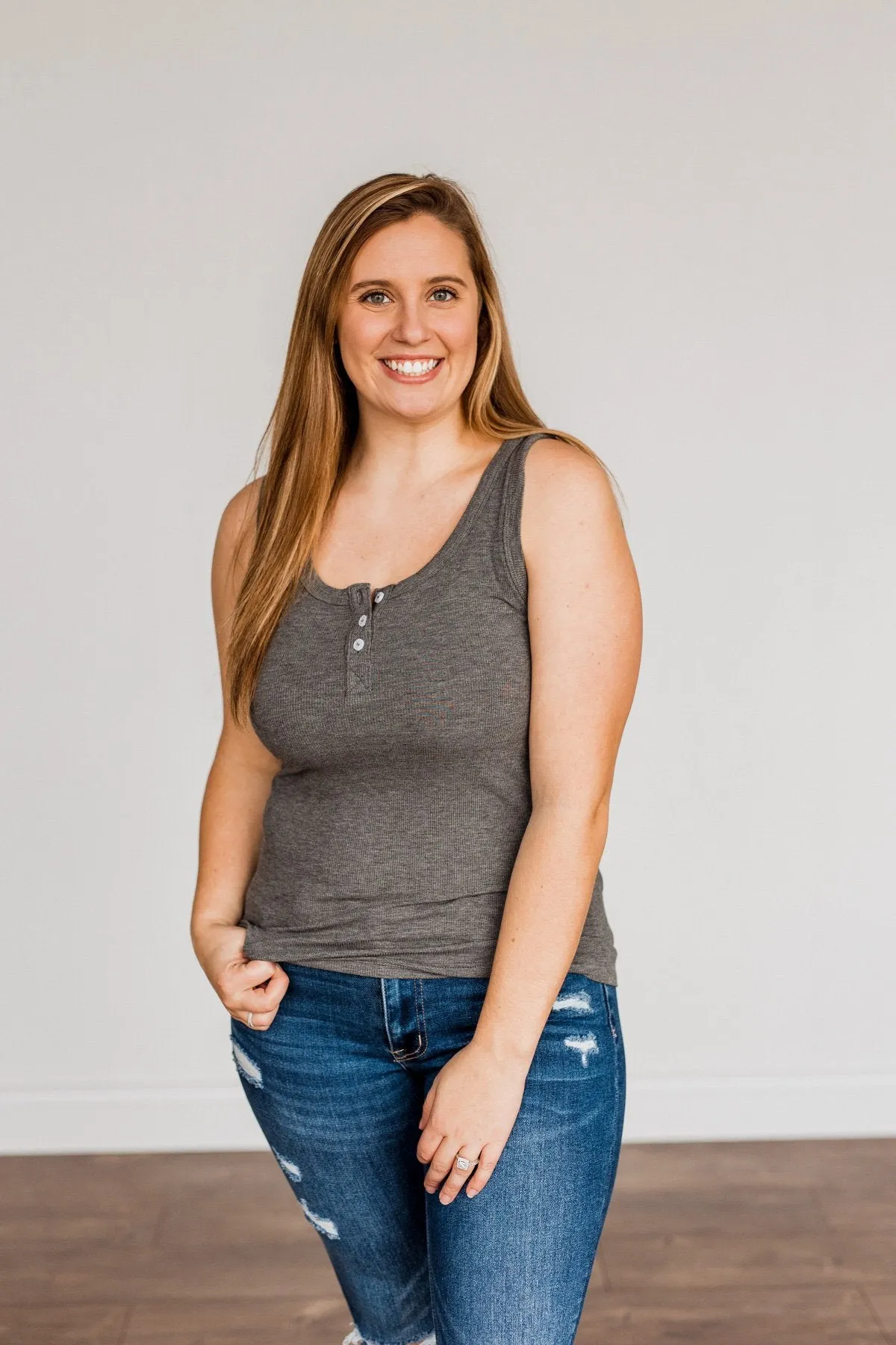 Uplifting Spirits Button Henley Tank Top- Charcoal