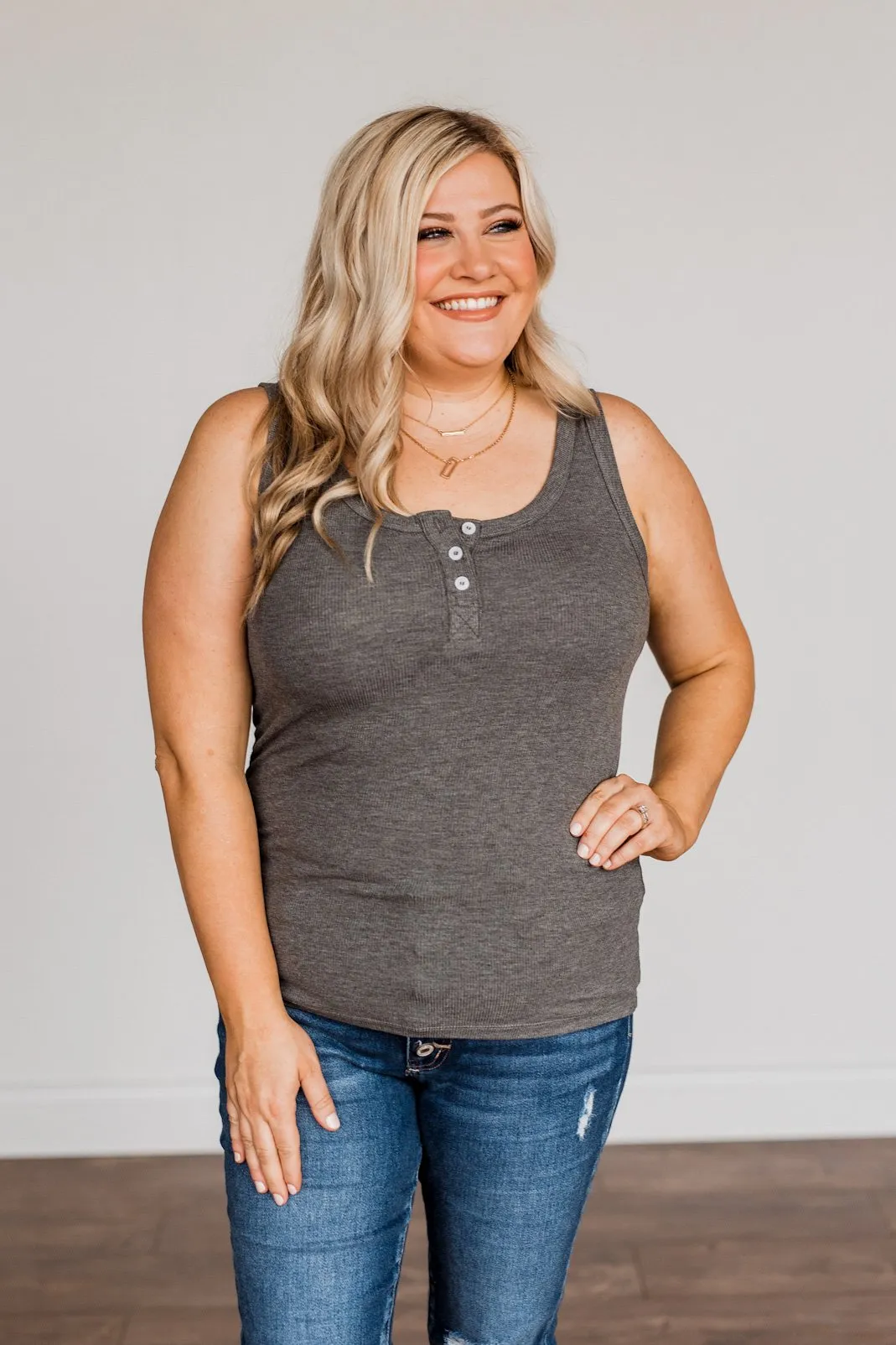 Uplifting Spirits Button Henley Tank Top- Charcoal