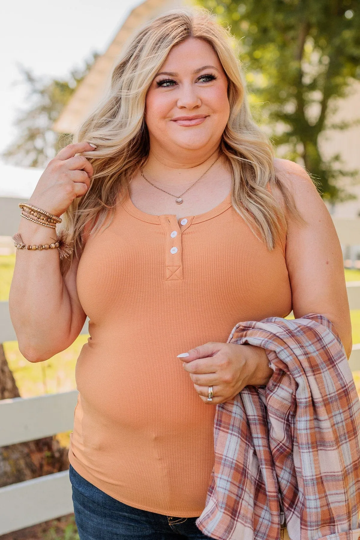 Uplifting Spirits Button Henley Tank Top- Dark Apricot