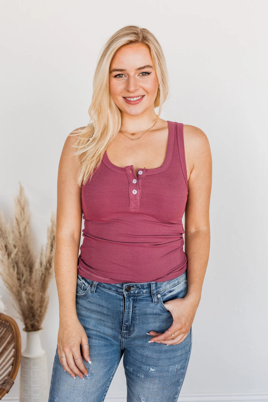 Uplifting Spirits Button Henley Tank Top- Dark Mauve