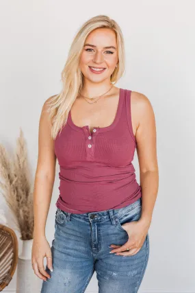 Uplifting Spirits Button Henley Tank Top- Dark Mauve