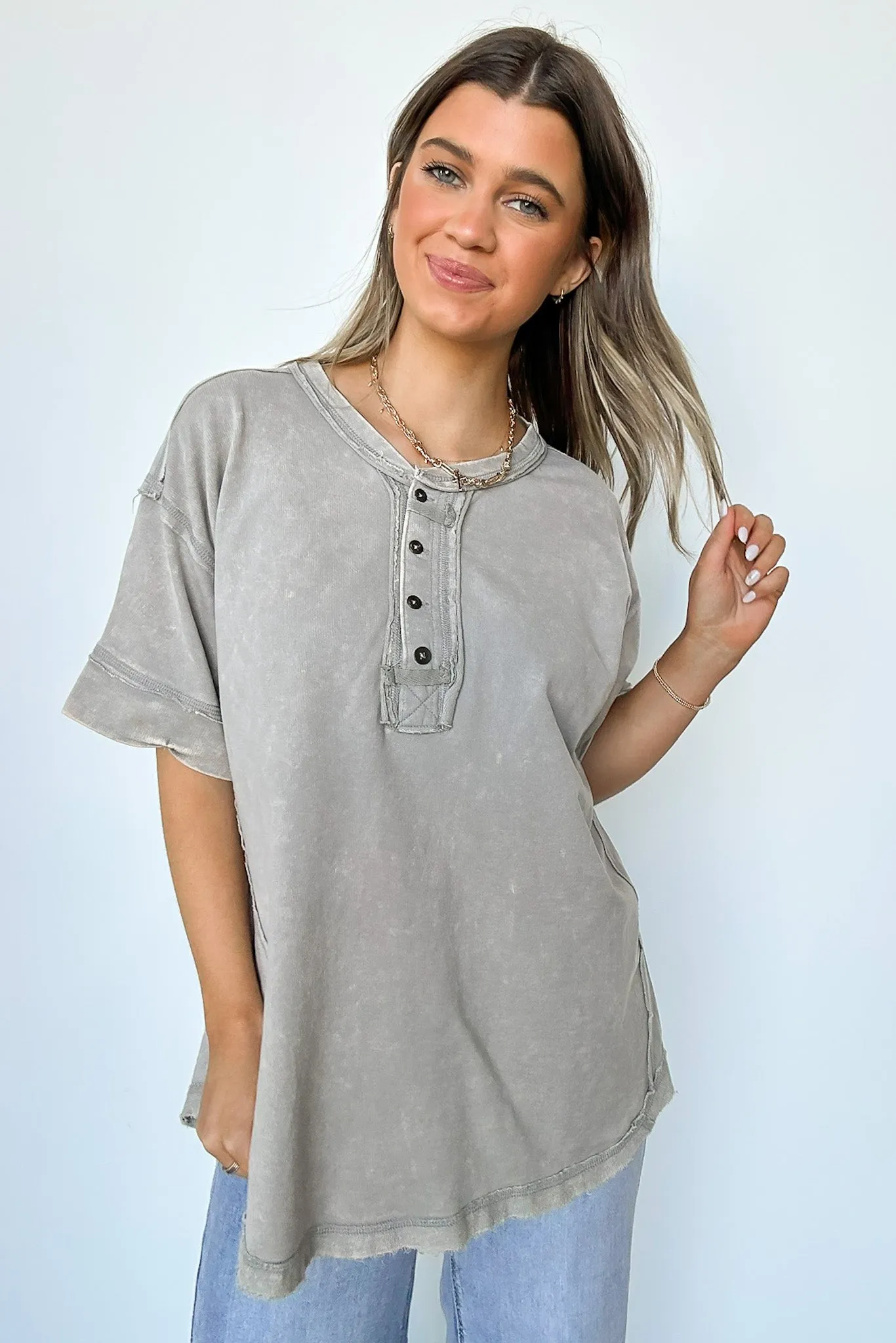 Verity Raw Edge Henley Button Top - BACK IN STOCK