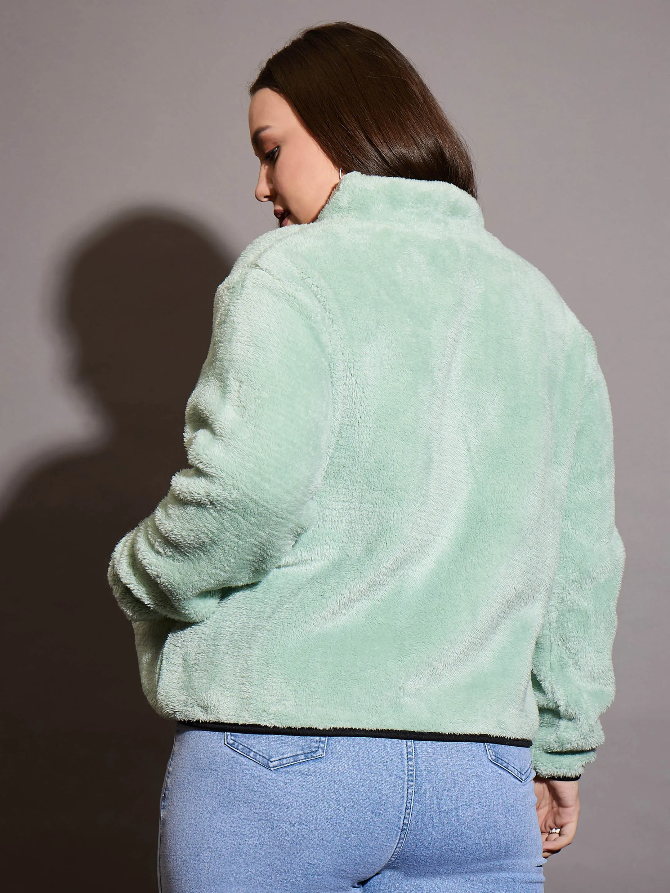 Women Green Faux Fur Contrast Piping Zipper Jacket