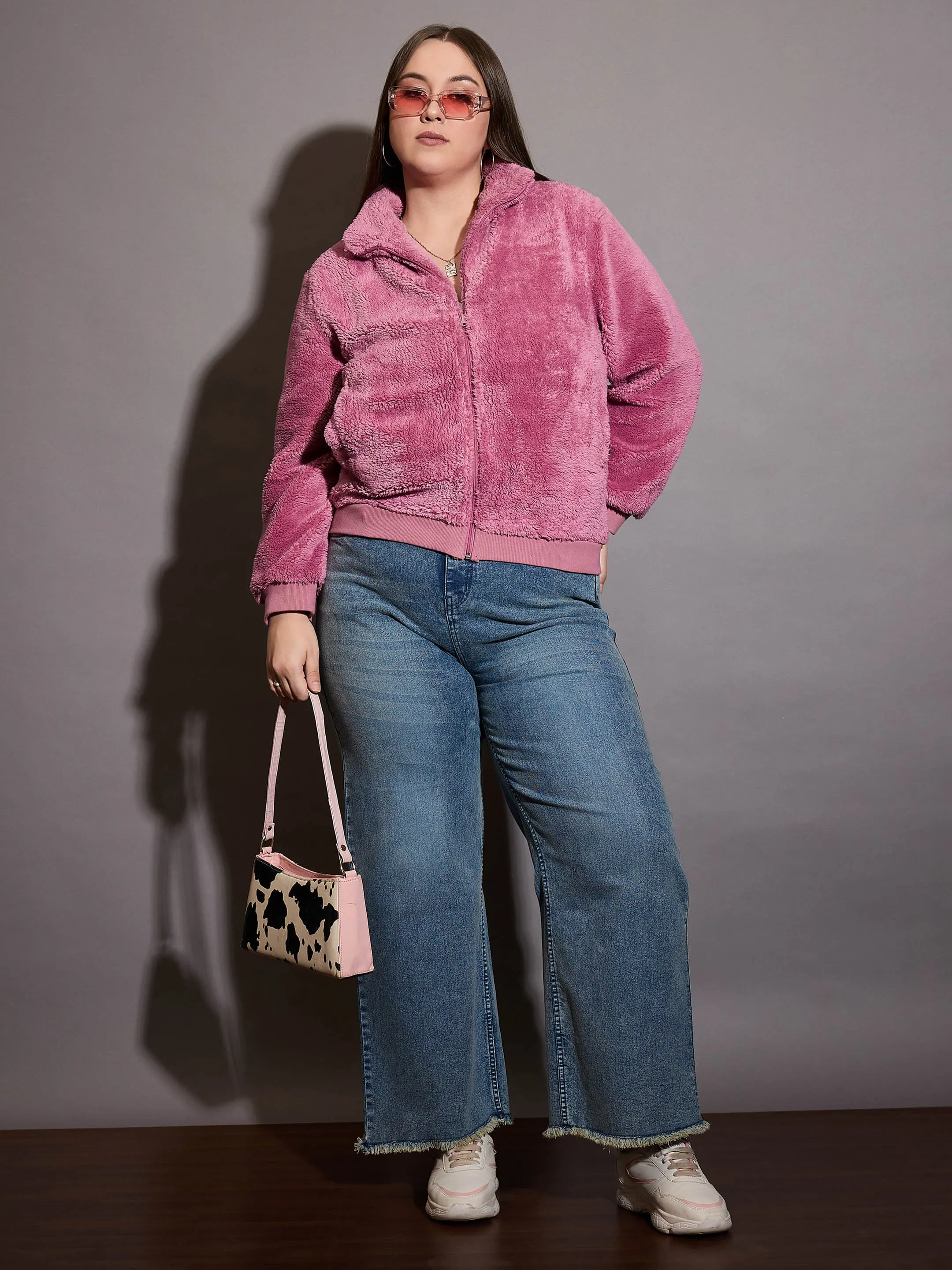 Women Pink Faux Fur Front Zipper Jacket