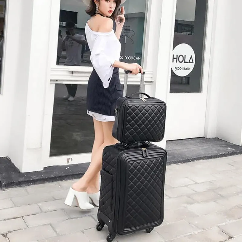 Women's Retro Black Spinner Luggage Travel Spinner Trolley Suitcase on Clearance