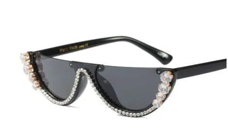 Women's Rhinestone Crystal Half Frame Rimless Cat Eye Sunglasses