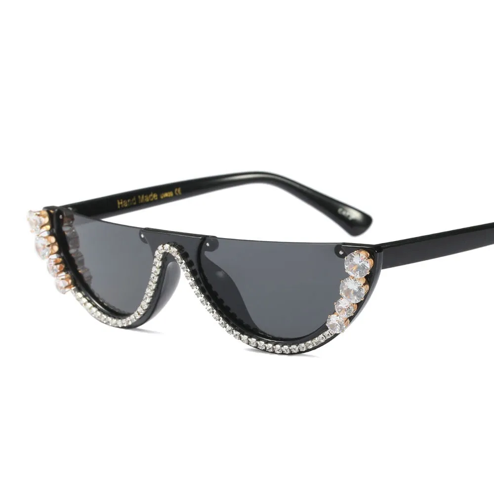 Women's Rhinestone Crystal Half Frame Rimless Cat Eye Sunglasses