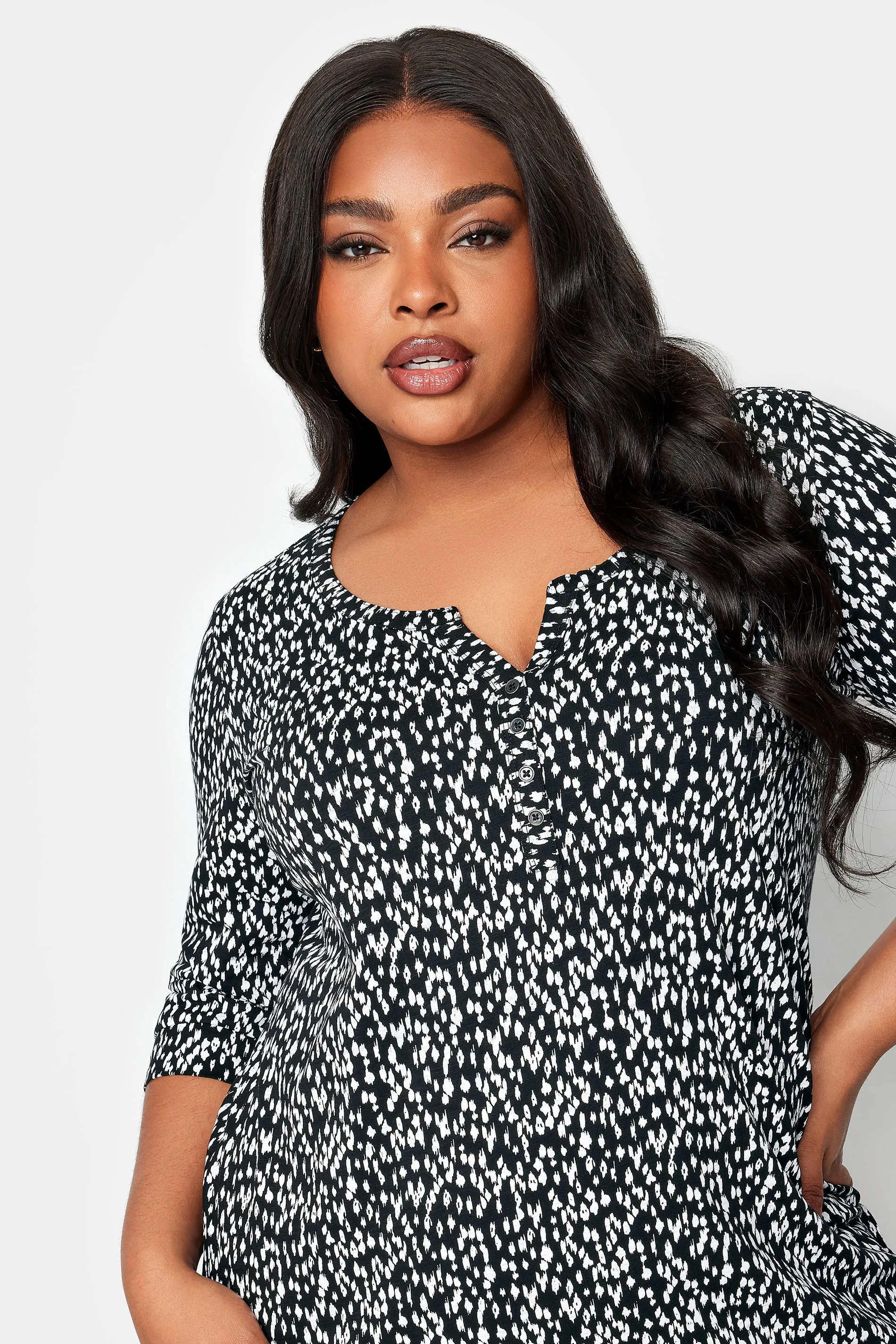 YOURS Curve Black Animal Markings Print Henley T-Shirt