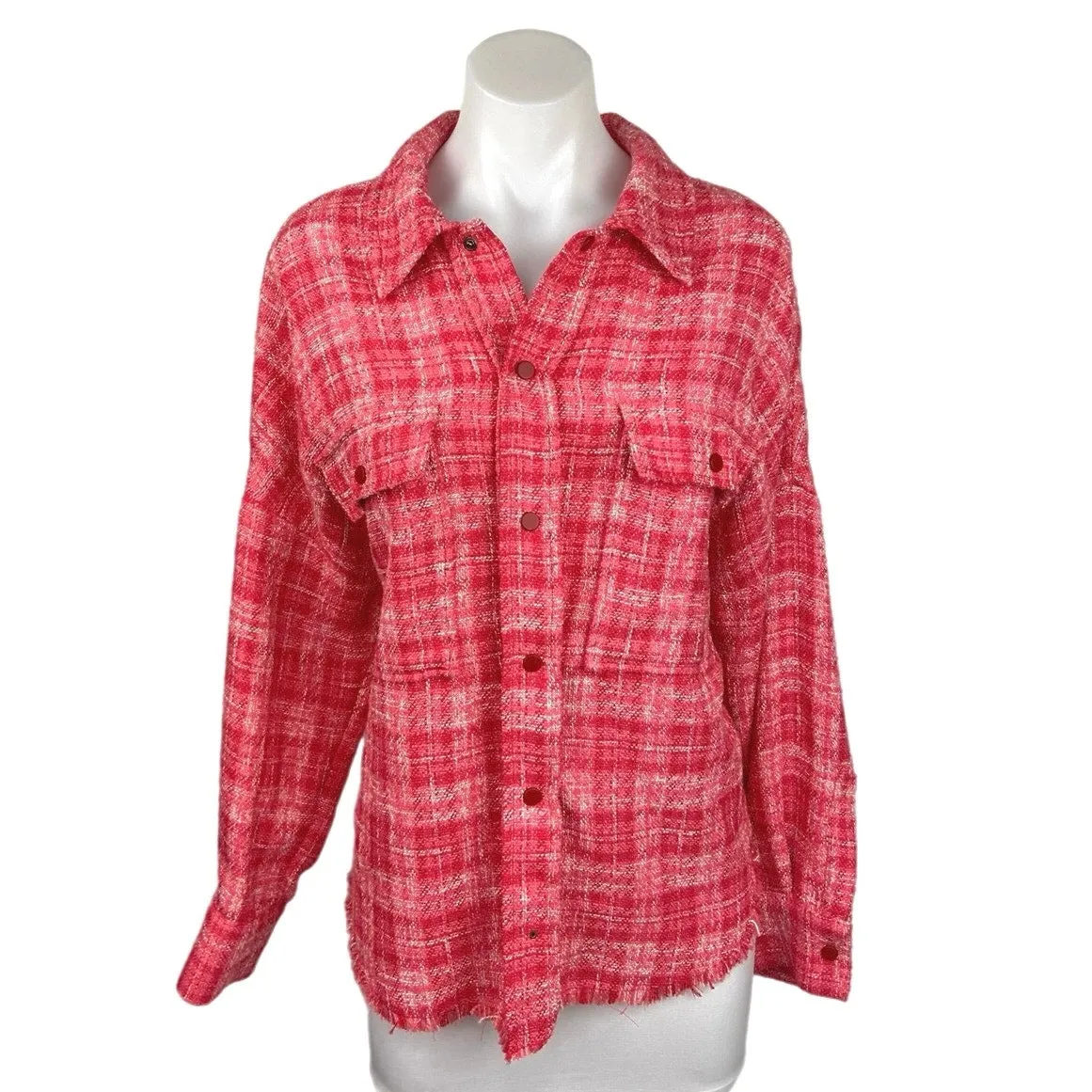 Zara Pink Plaid Tweed Button Front Long Sleeve Pockets Oversized Shirt Jacket L