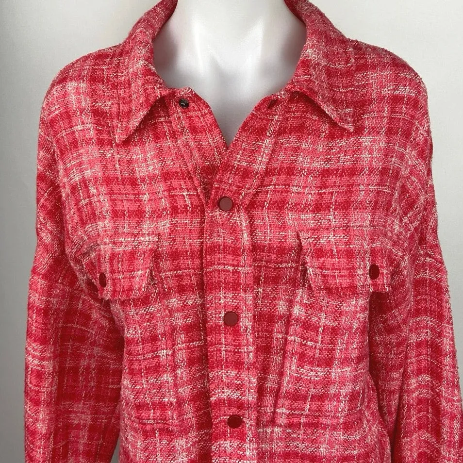 Zara Pink Plaid Tweed Button Front Long Sleeve Pockets Oversized Shirt Jacket L