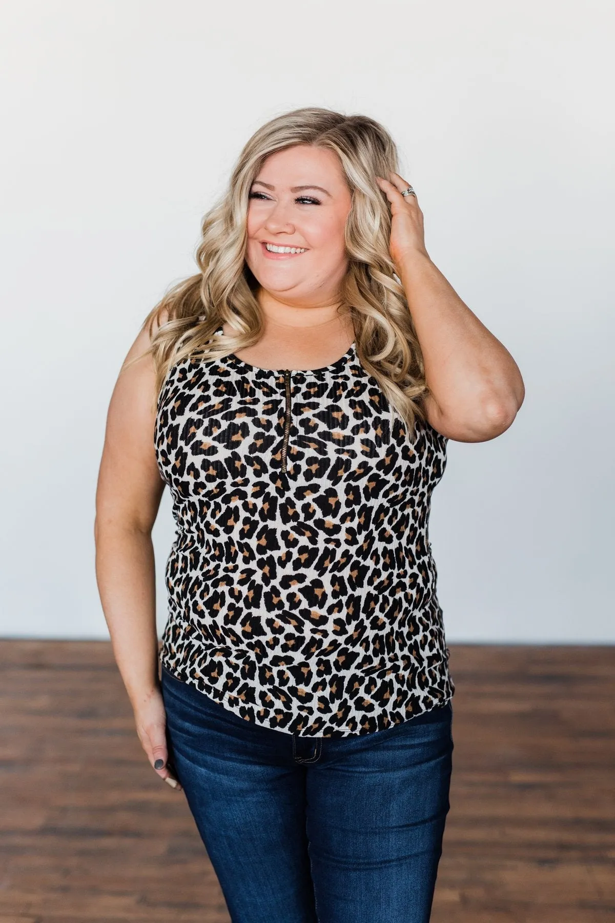 Zipper Henley Tank Top- Neutral Leopard