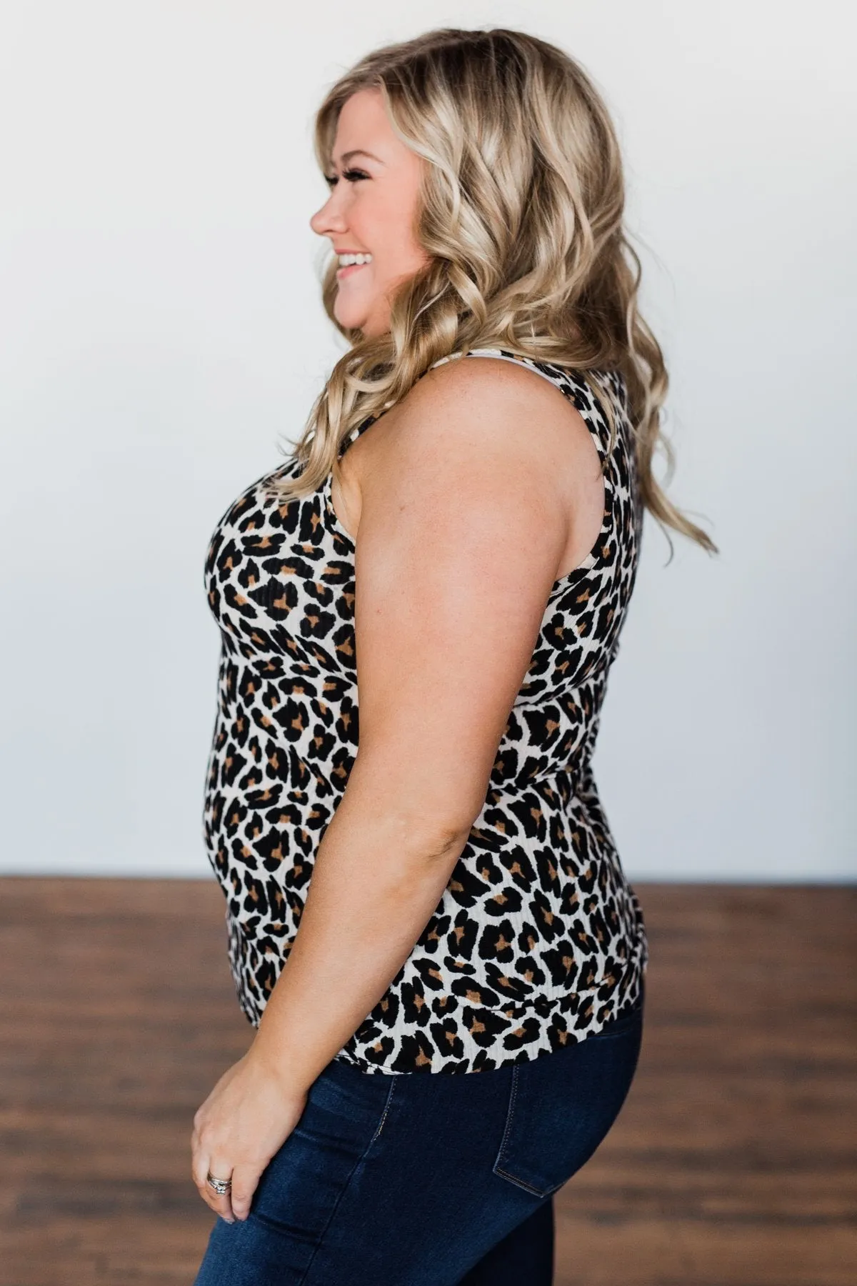 Zipper Henley Tank Top- Neutral Leopard