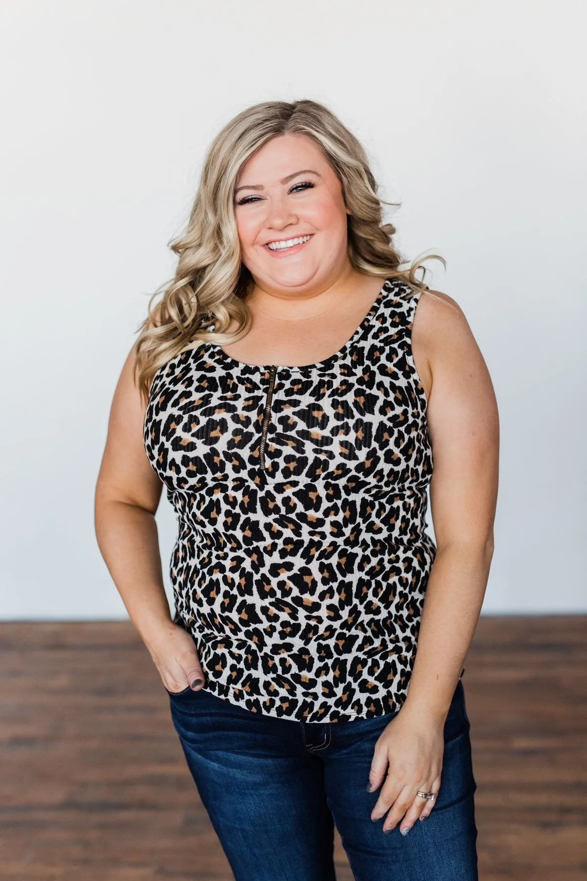 Zipper Henley Tank Top- Neutral Leopard