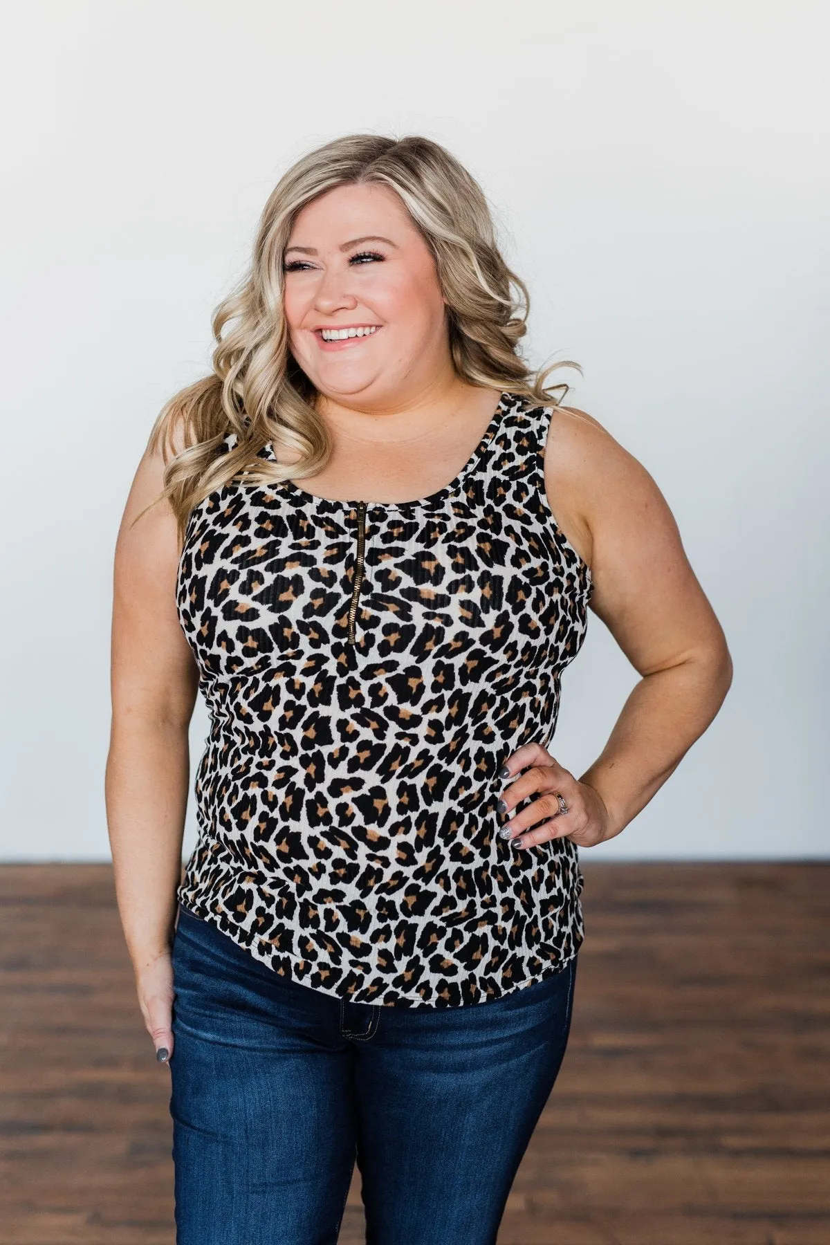 Zipper Henley Tank Top- Neutral Leopard