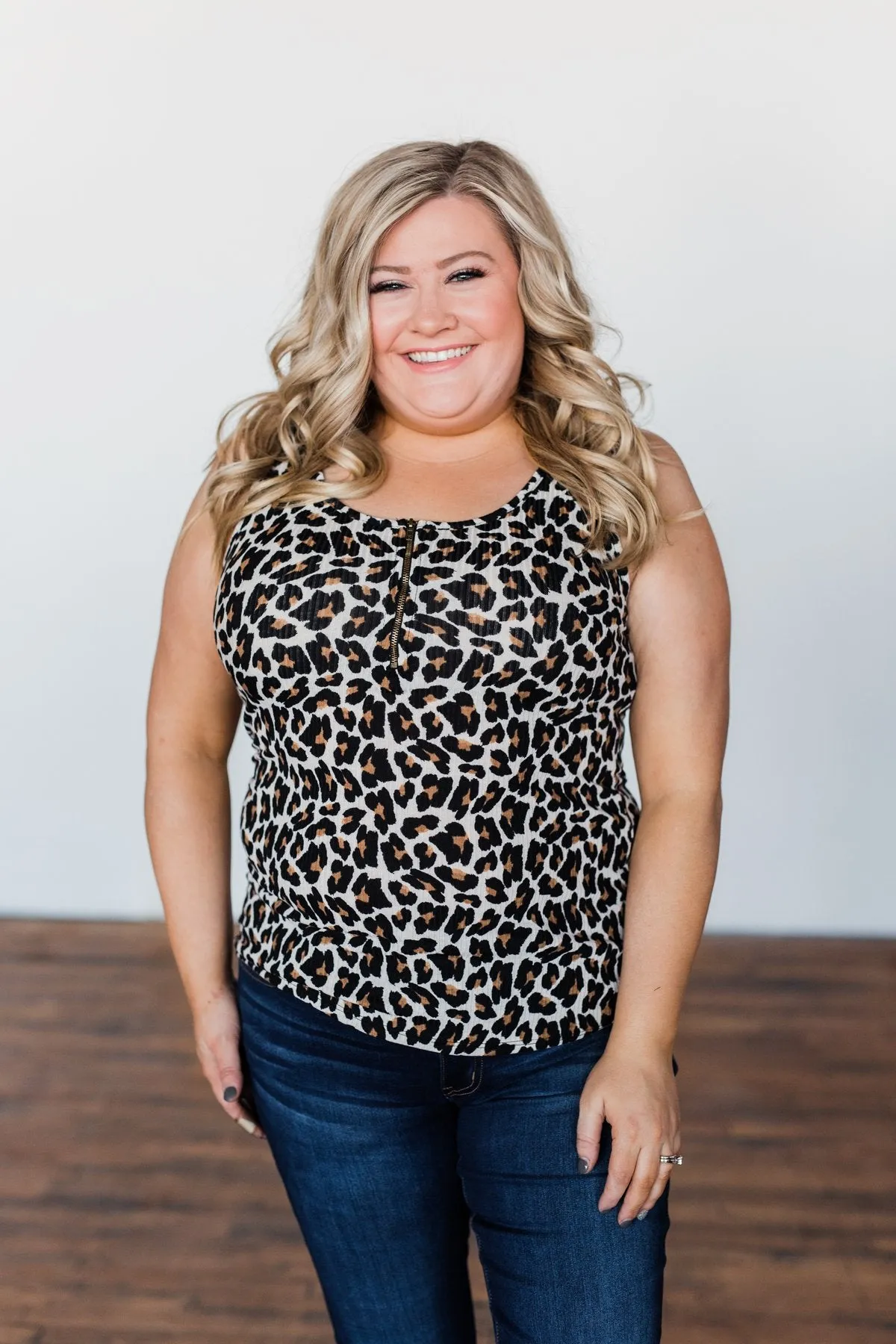 Zipper Henley Tank Top- Neutral Leopard